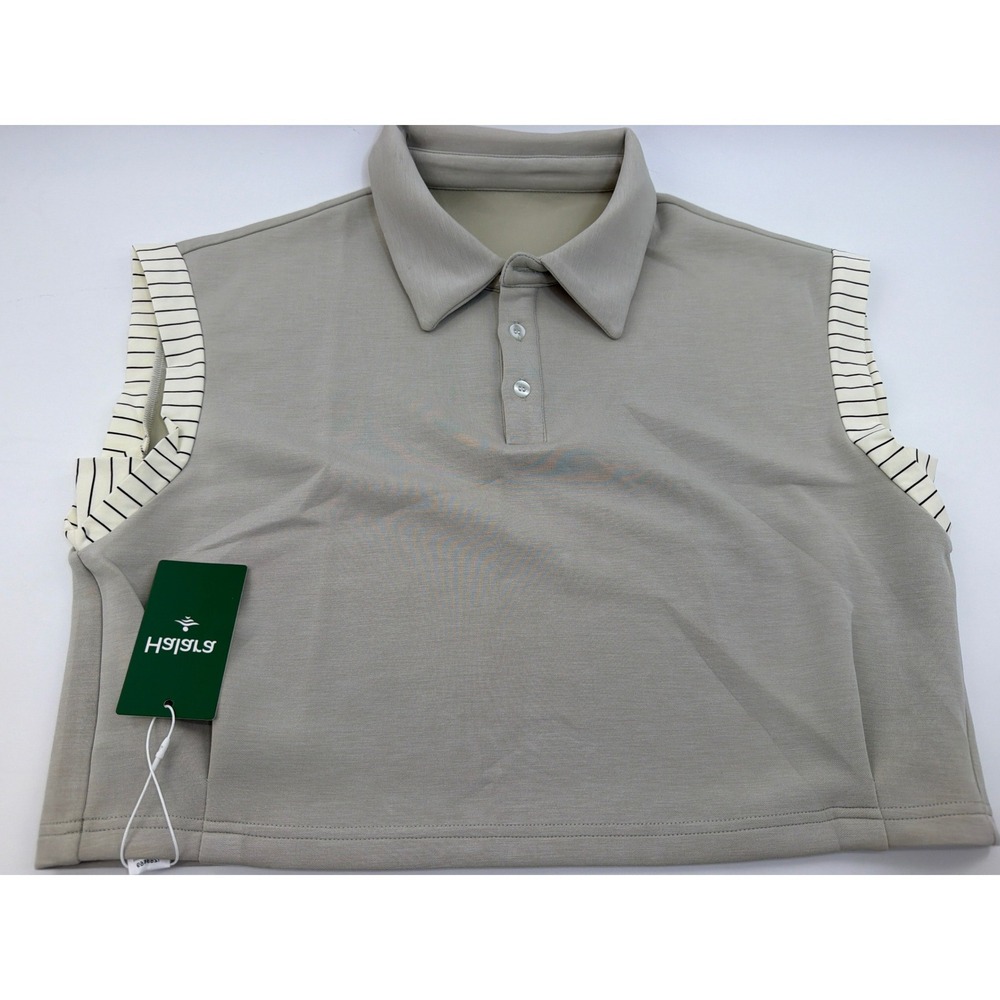 Halara Women Medium Taupe Grey Sleeveless Cropped Polo Striped Ruffle Trim NWT